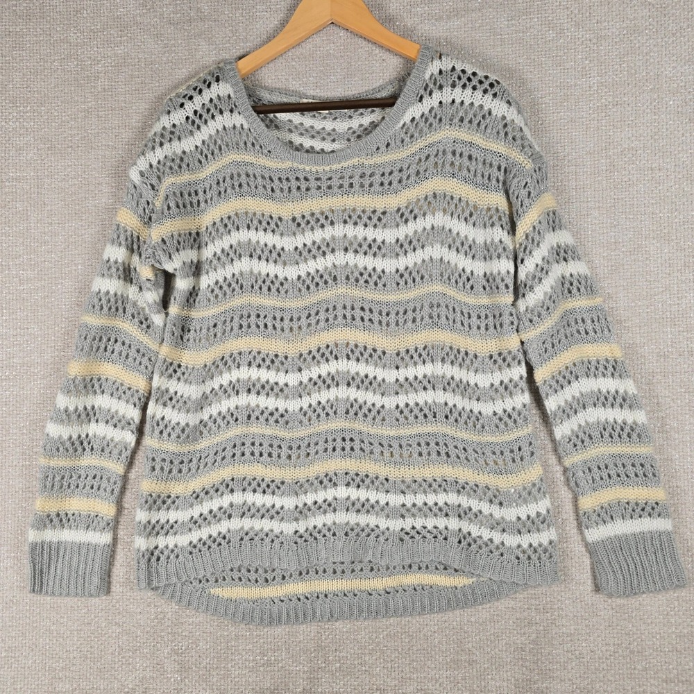 Jolt Womens Striped Open Knit Metallic Shimmer Scoop Neck Sweater Grey Large